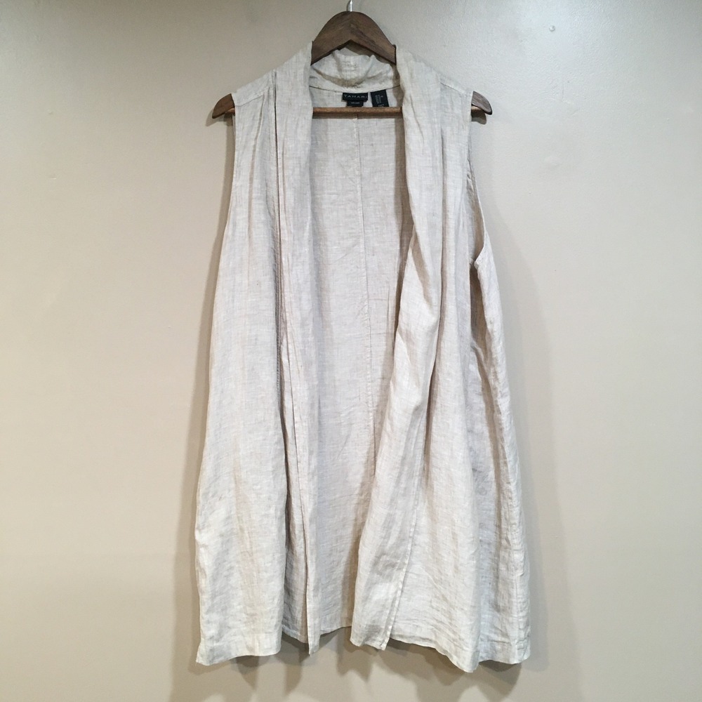 Tahari Sleeveless 100% Linen Duster Vest Womens XL Beige Coastal Grandma